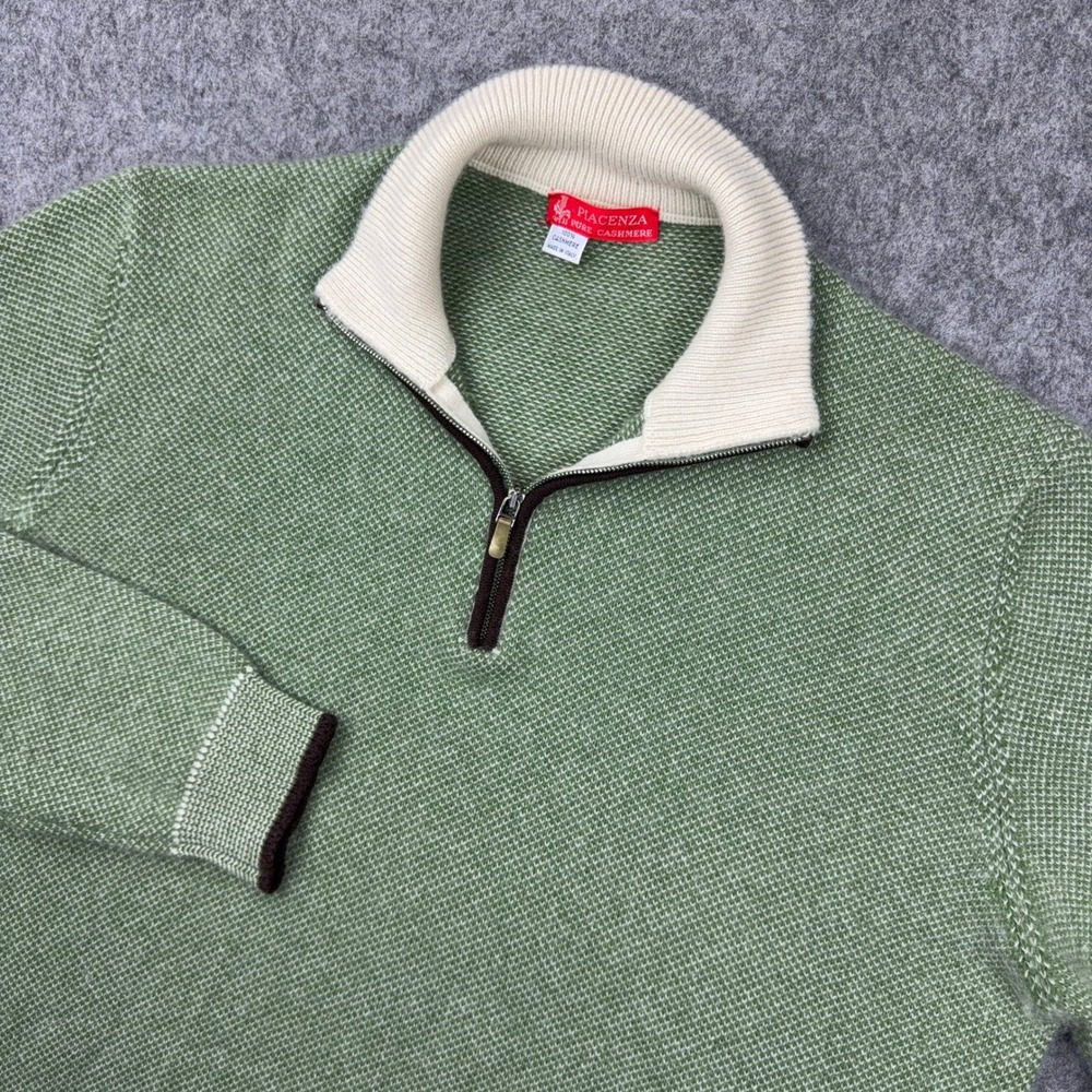 Piacenza 1733 Sweater Mens Large Green 100% Pure Cashmere 1/4 Zip Pullover Italy